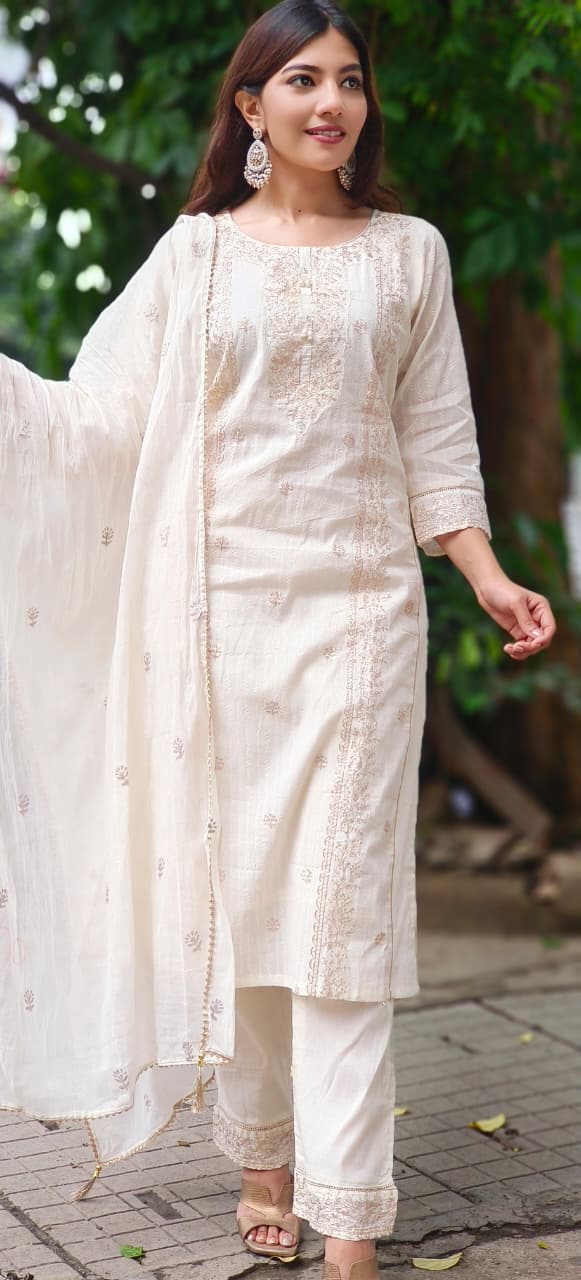 Sunehri Saaz Zari Full Suit Set With Dupatta In Pure Cotton Fabric-10649