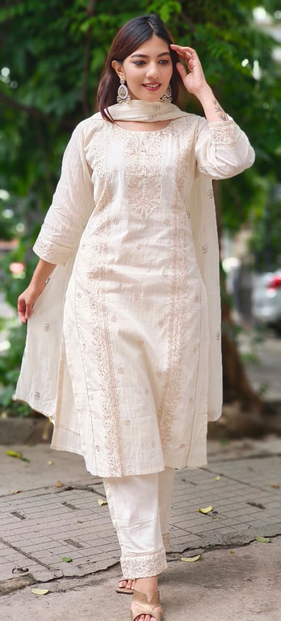 Sunehri Saaz Zari Full Suit Set With Dupatta In Pure Cotton Fabric-10649