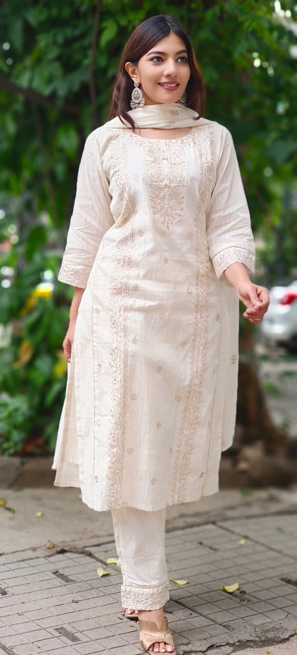 Sunehri Saaz Zari Full Suit Set With Dupatta In Pure Cotton Fabric-10649