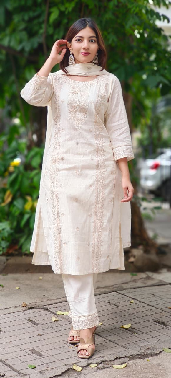 Sunehri Saaz Zari Full Suit Set With Dupatta In Pure Cotton Fabric-10649