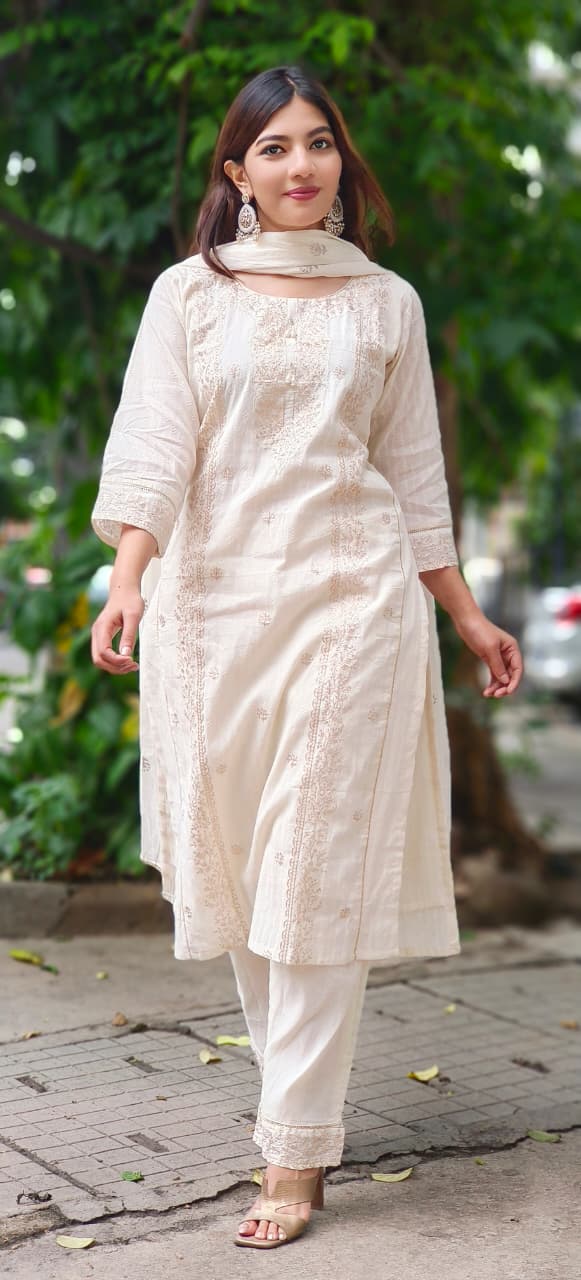 Sunehri Saaz Zari Full Suit Set With Dupatta In Pure Cotton Fabric-10649