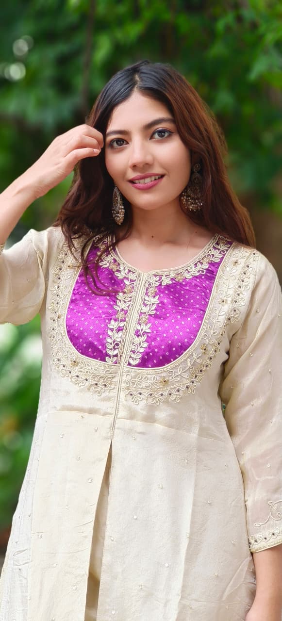 Beautiful Front Yoke Front Slit Tissue Fabric Kurta Pant Set