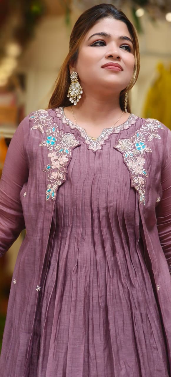 Floral Embroidery Front Slit Jacket Look A-Line Kurta Pant Set In Mul Chanderi Fabric- 10766,10670
