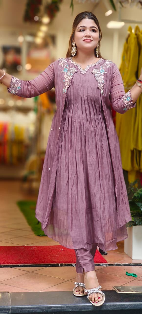Floral Embroidery Front Slit Jacket Look A-Line Kurta Pant Set In Mul Chanderi Fabric- 10766,10670