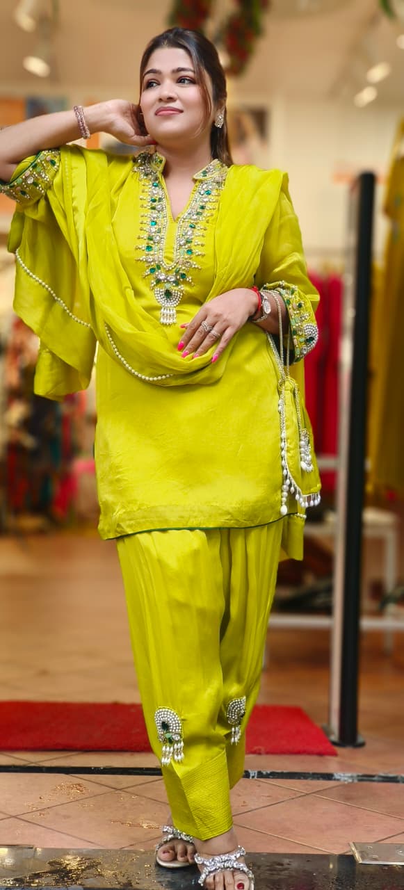 Shahi Glam Luxe Crystal Stone Work Full Suit Set With Farsi Salwar & Potli In Organza Satin Fabric- 10776
