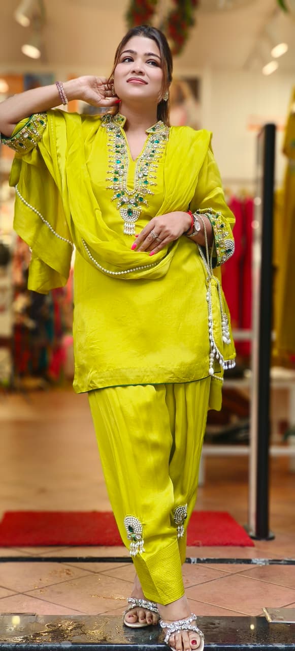 Shahi Glam Luxe Crystal Stone Work Full Suit Set With Farsi Salwar & Potli In Organza Satin Fabric- 10776