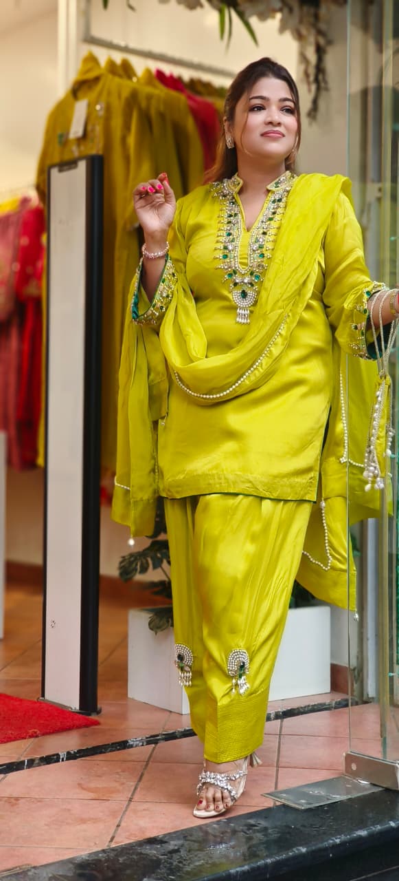 Shahi Glam Luxe Crystal Stone Work Full Suit Set With Farsi Salwar & Potli In Organza Satin Fabric- 10776