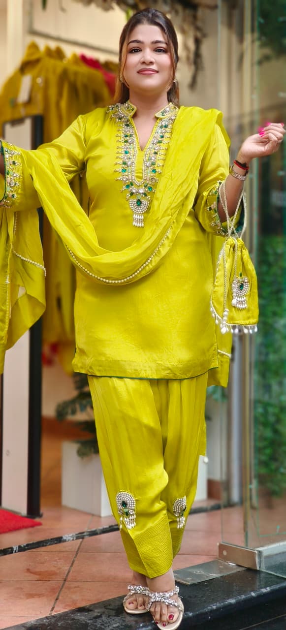 Shahi Glam Luxe Crystal Stone Work Full Suit Set With Farsi Salwar & Potli In Organza Satin Fabric- 10776