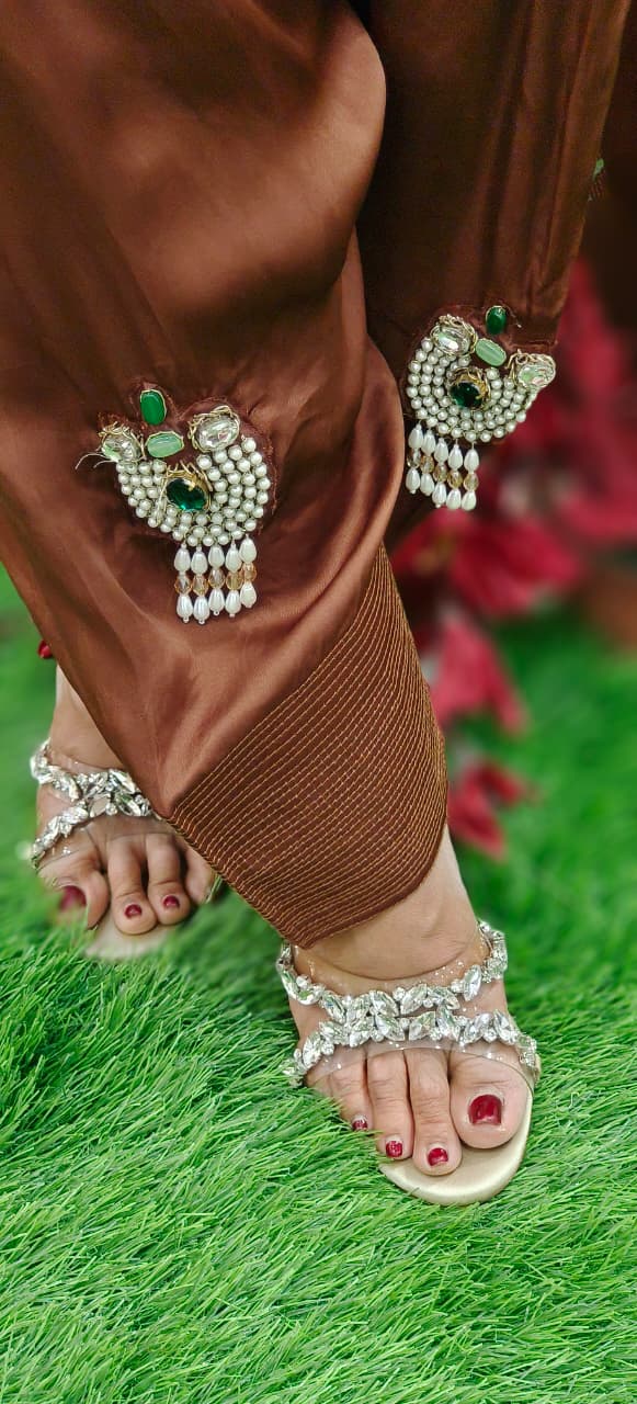 Shahi Glam Luxe Crystal Stone Work Full Suit Set With Farsi Salwar & Potli In Organza Satin Fabric- 10776