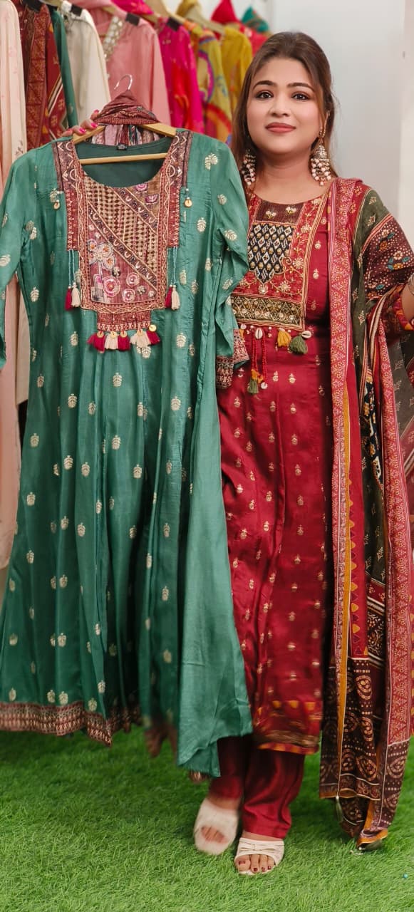 Beautiful Boho Look Panel Anarkali Full Suit Set With Dupatta In Dola Silk Fabric