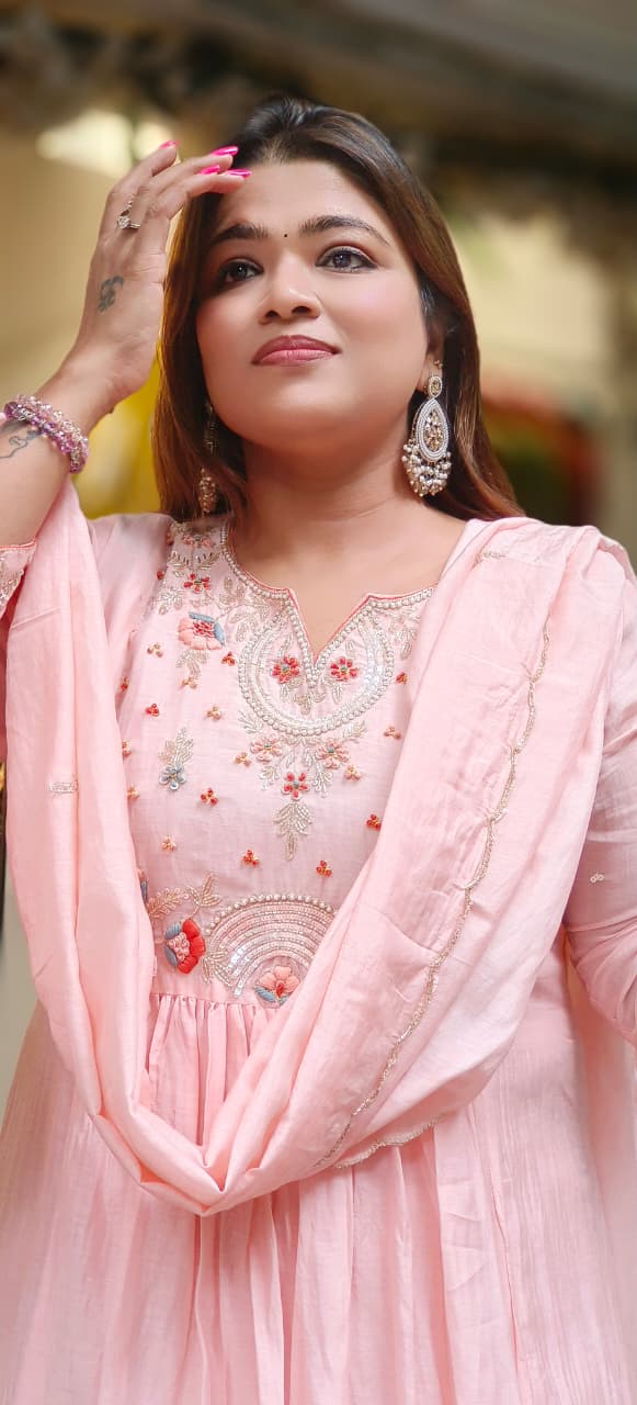 Beautiful Zardosi Handwork A-Line Full Suit Set With Dupatta In Surat Mul Chanderi- 10746 10745