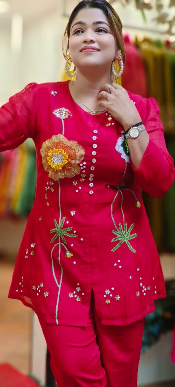 Beautiful Flower Sequenced Detailing Co-Ord Set In Mul Chanderi Fabric- 10815, 10816, 10817