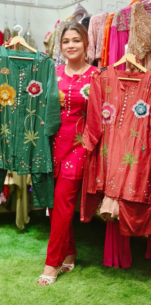 Beautiful Flower Sequenced Detailing Co-Ord Set In Mul Chanderi Fabric- 10815, 10816, 10817