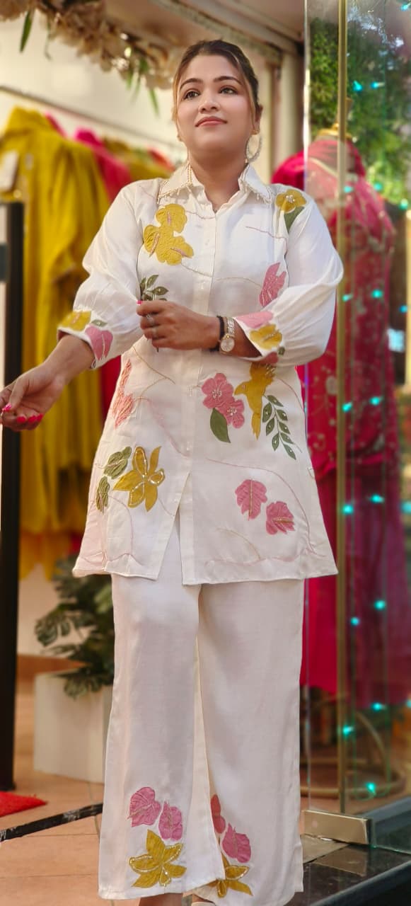 Graceful Leaves Collared Co-Ord Set With Embroidered Bottom In Organza Satin Fabric- 10781, 10782