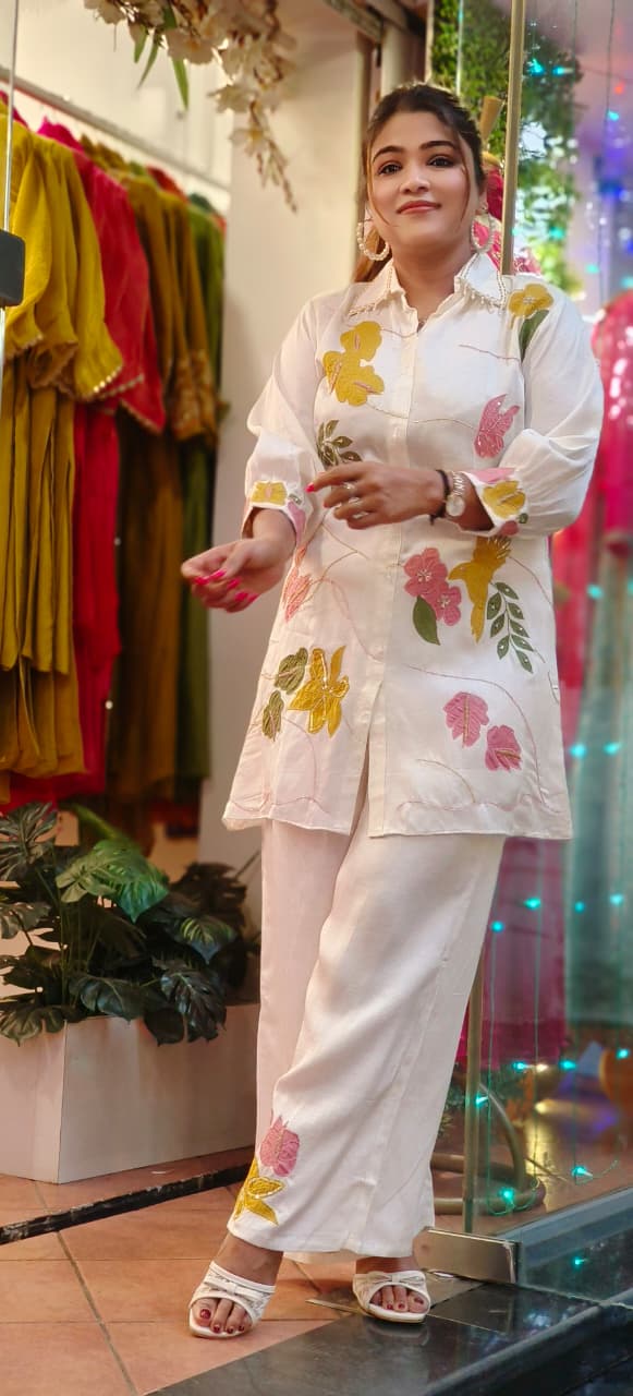 Graceful Leaves Collared Co-Ord Set With Embroidered Bottom In Organza Satin Fabric- 10781, 10782