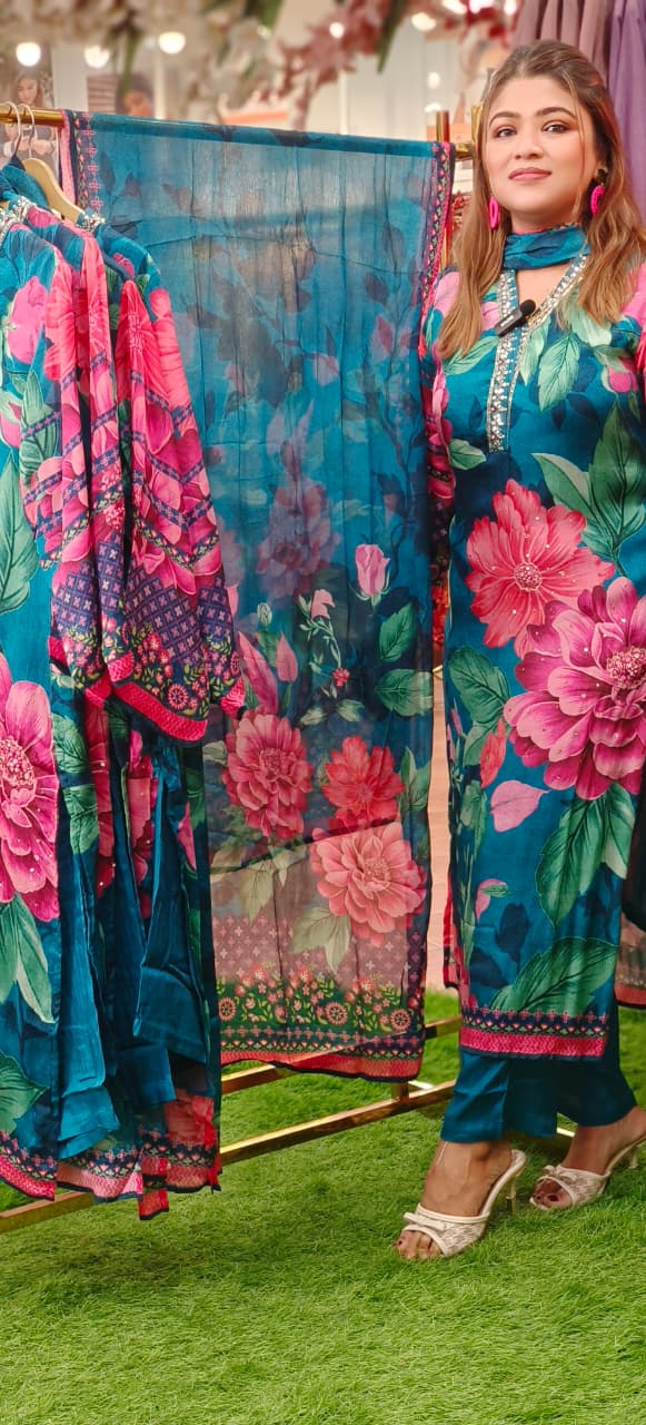 Minimal Neck Work Floral Bloom Chinon Full Suit Set With Dupatta- 10800