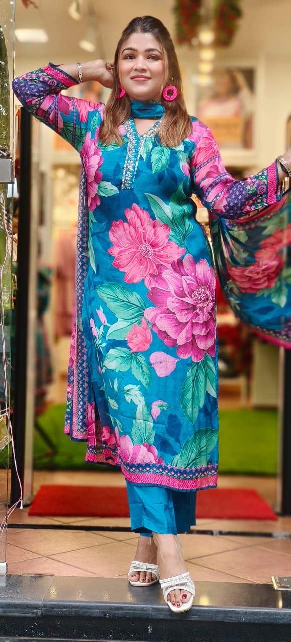 Minimal Neck Work Floral Bloom Chinon Full Suit Set With Dupatta- 10800