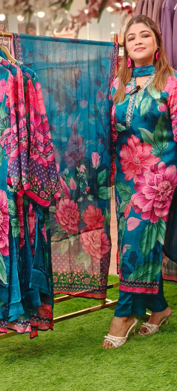 Minimal Neck Work Floral Bloom Chinon Full Suit Set With Dupatta- 10800