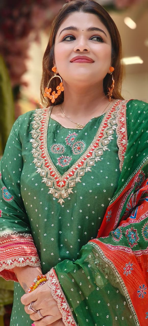 Evergreen Traditional Festive Printed Full Suit Set With Dupatta In Dola Silk Fabric-10837
