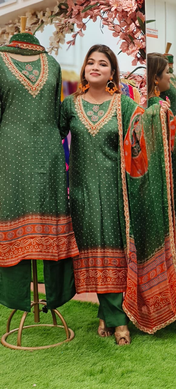 Evergreen Traditional Festive Printed Full Suit Set With Dupatta In Dola Silk Fabric-10837