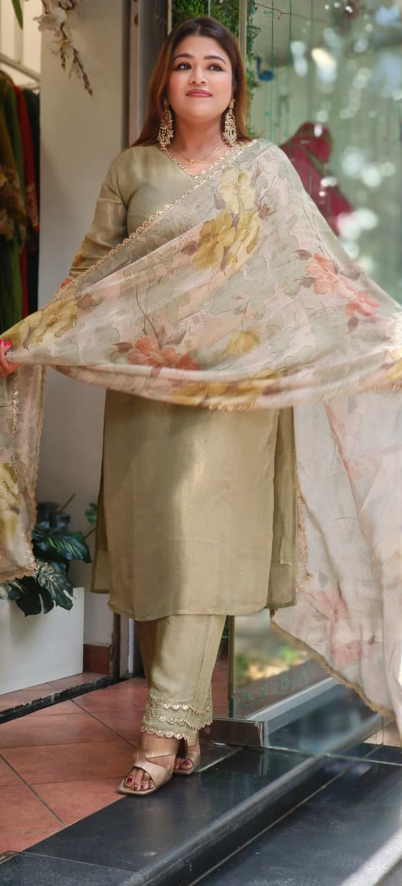 Floral Patch Glow Elegant Full Suit Set With Dupatta In Tissue Fabric-10838