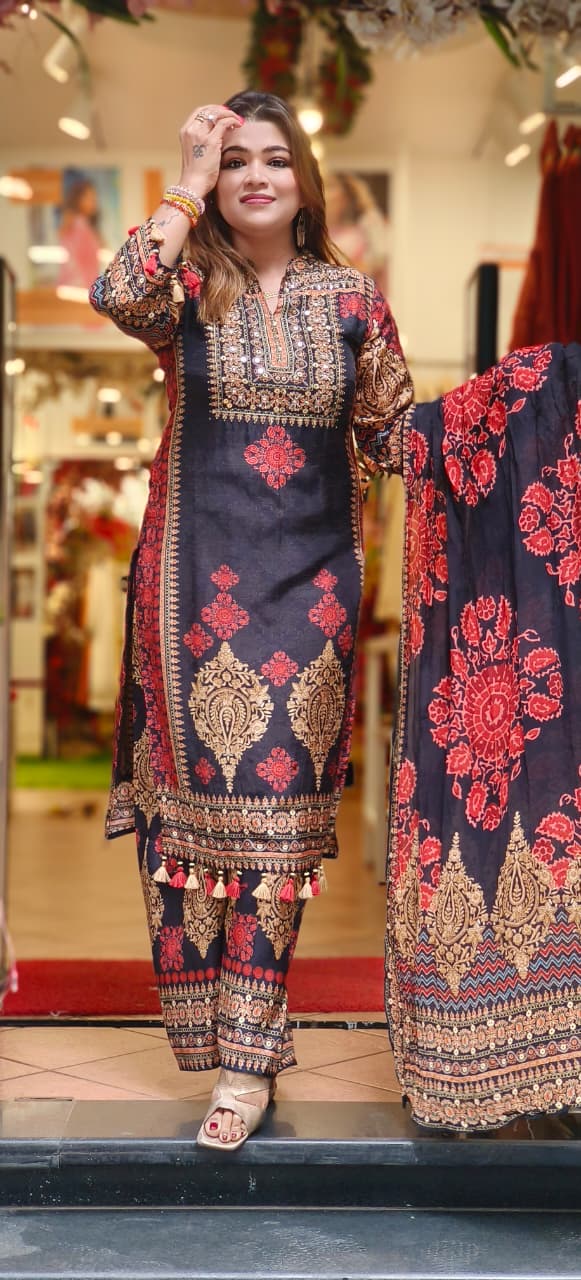 Placement Print Mandarin Collar Full Suit Set With Dupatta & Loose Palazzo Bottom In Dola Silk-10804