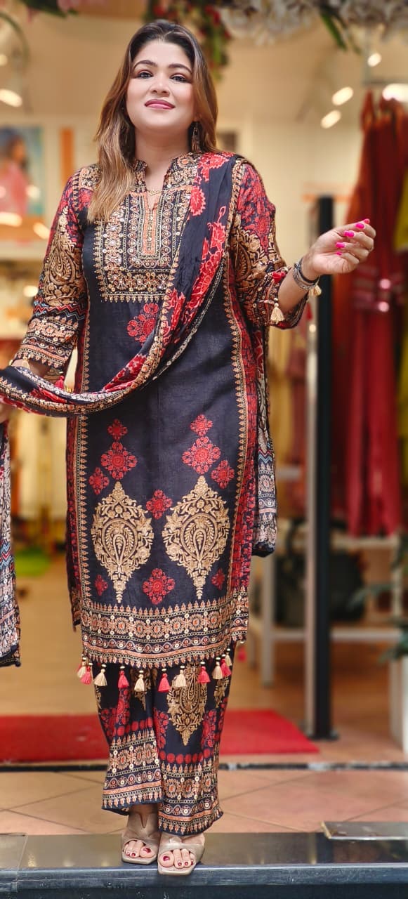 Placement Print Mandarin Collar Full Suit Set With Dupatta & Loose Palazzo Bottom In Dola Silk-10804