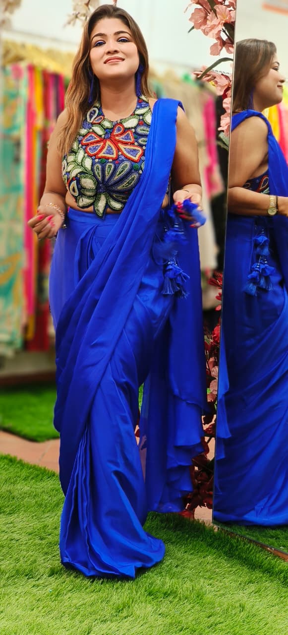 Colorful Pearl Celeste Bloom Sleeveless Blouse Designer Drape Saree