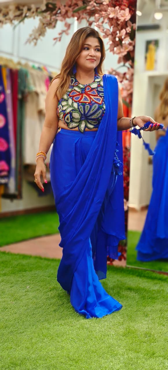 Colorful Pearl Celeste Bloom Sleeveless Blouse Designer Drape Saree
