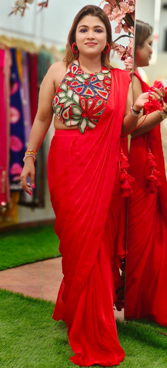 Colorful Pearl Celeste Bloom Sleeveless Blouse Designer Drape Saree