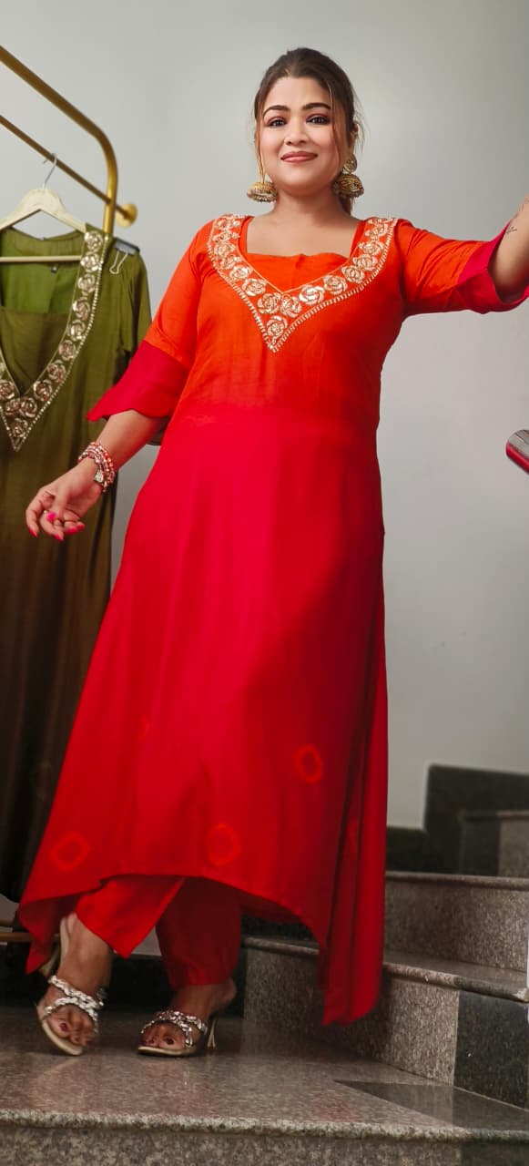 Suttle V-Neck Work Ombre Kurta Pant Set With Buster In Dola Slik Fabric- 10890,10889,91