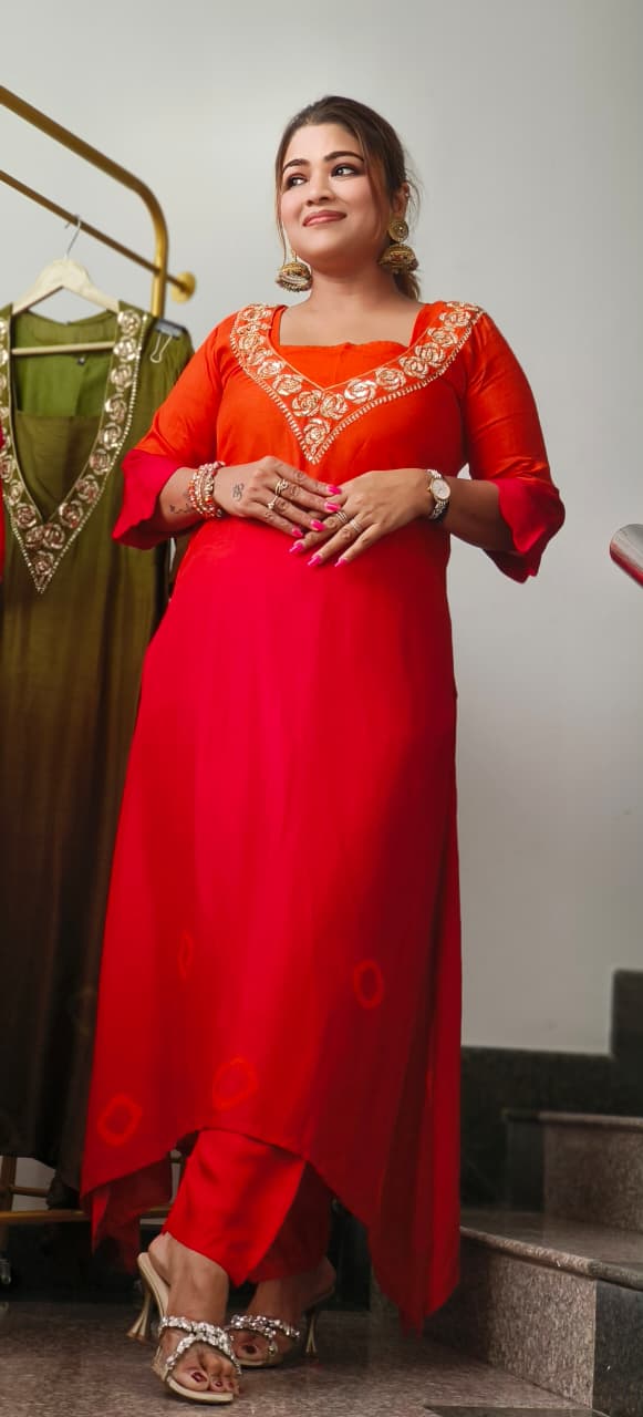 Suttle V-Neck Work Ombre Kurta Pant Set With Buster In Dola Slik Fabric- 10890,10889,91