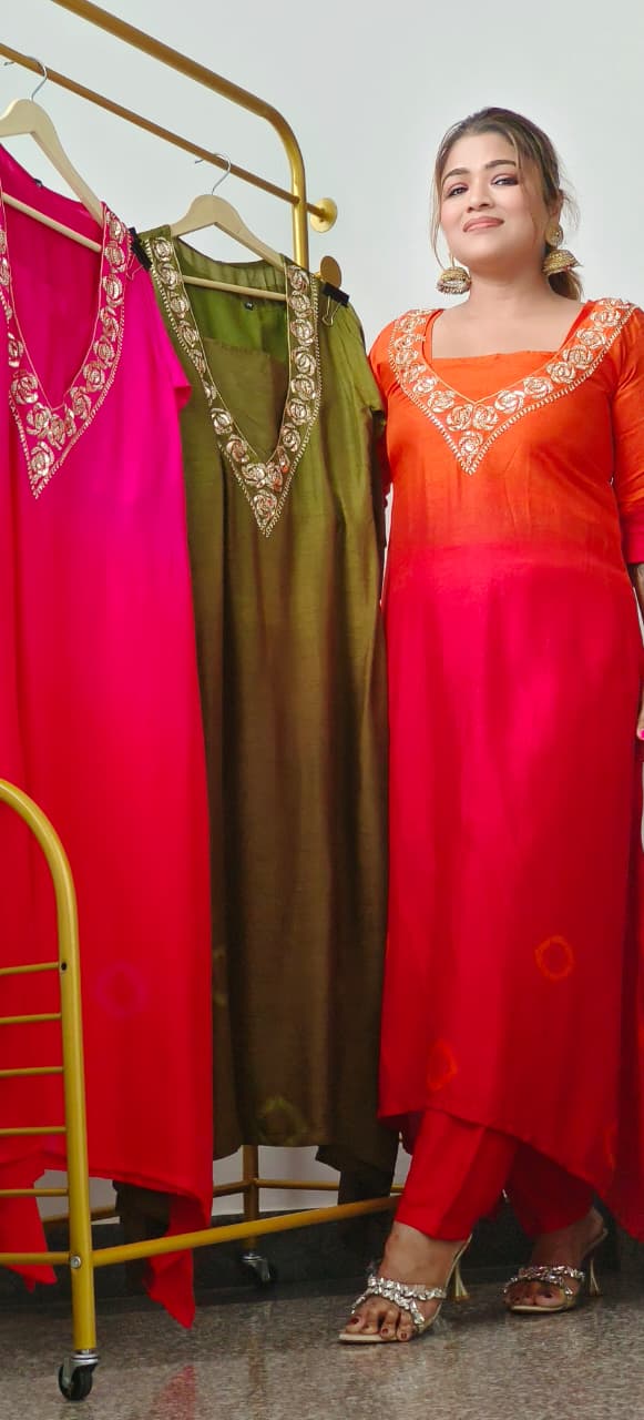 Suttle V-Neck Work Ombre Kurta Pant Set With Buster In Dola Slik Fabric- 10890,10889,91