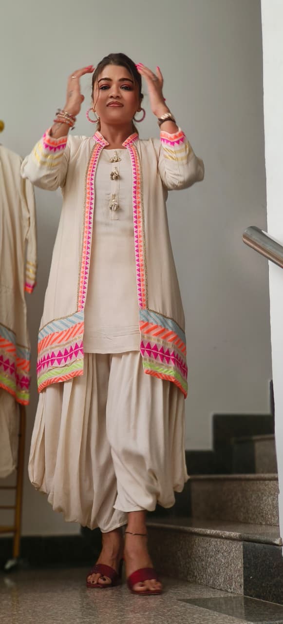 Vibrant Border In Soft Tone Solid Kurta With Harem Pant & Shrug-10908