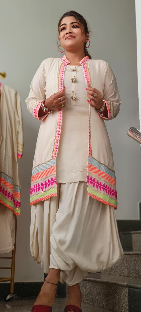 Vibrant Border In Soft Tone Solid Kurta With Harem Pant & Shrug-10908