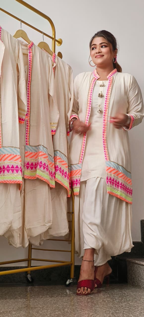 Vibrant Border In Soft Tone Solid Kurta With Harem Pant & Shrug-10908