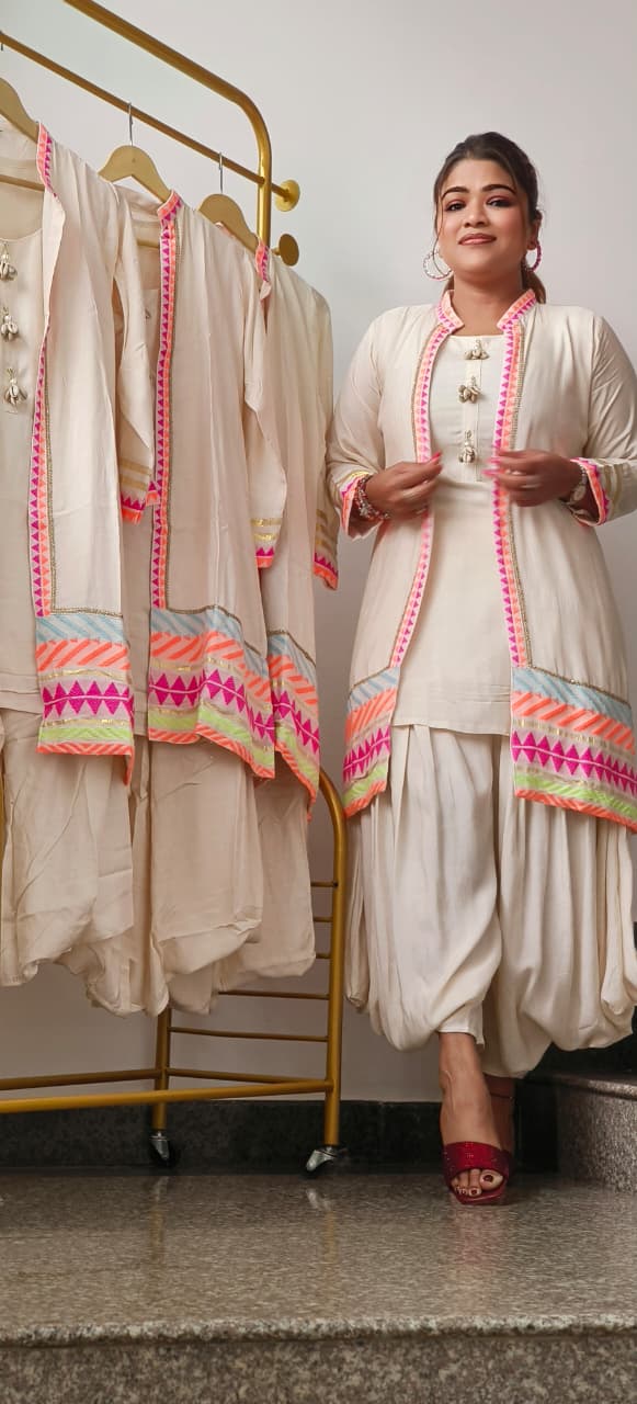 Vibrant Border In Soft Tone Solid Kurta With Harem Pant & Shrug-10908