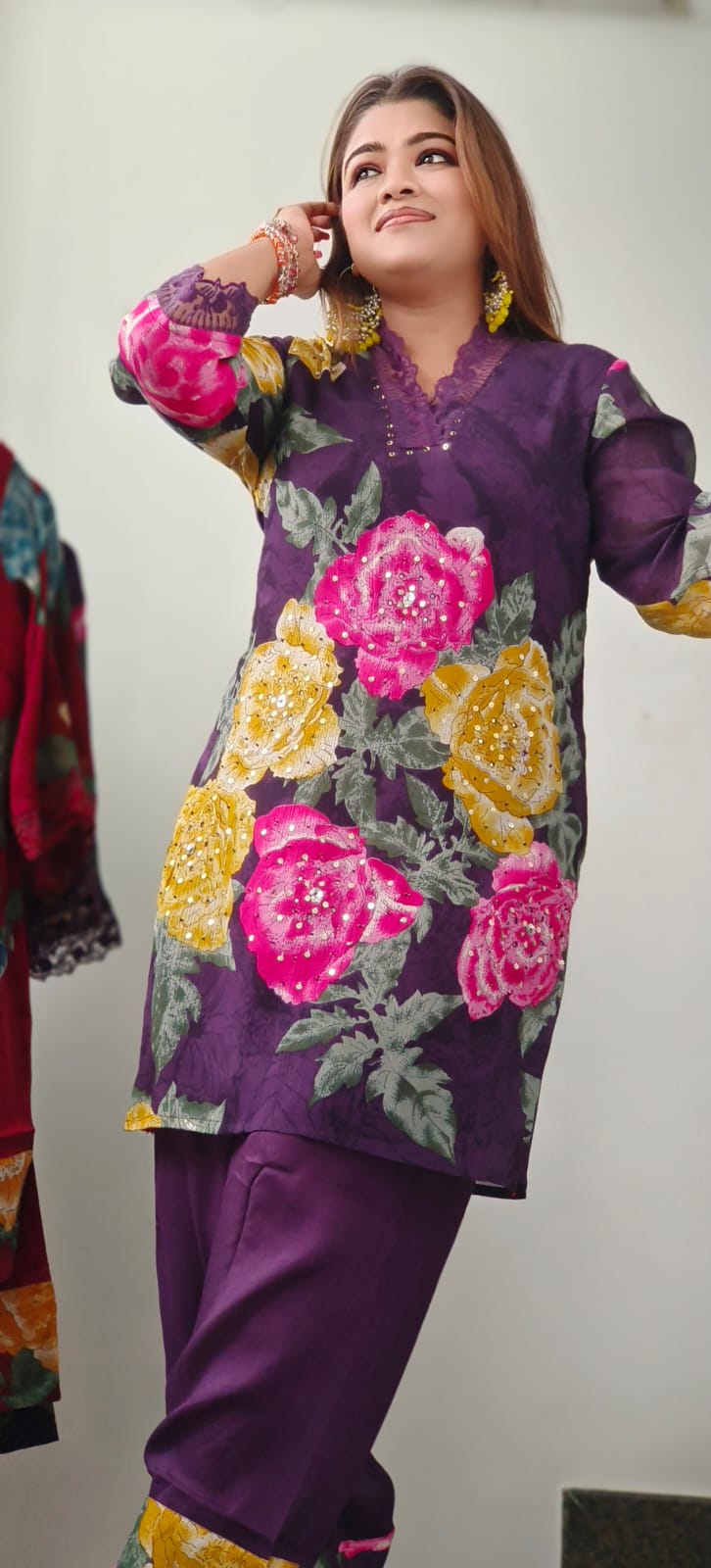 Floral Patched Work With Minimal Crosia Work Kurta With Farsi Pant Set In Chinon Fabric- 10878