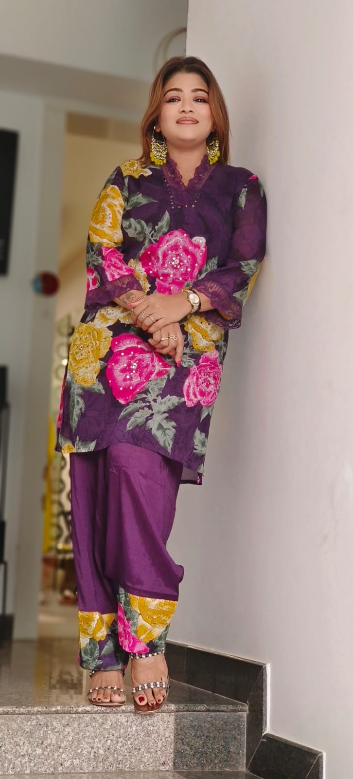 Floral Patched Work With Minimal Crosia Work Kurta With Farsi Pant Set In Chinon Fabric- 10878