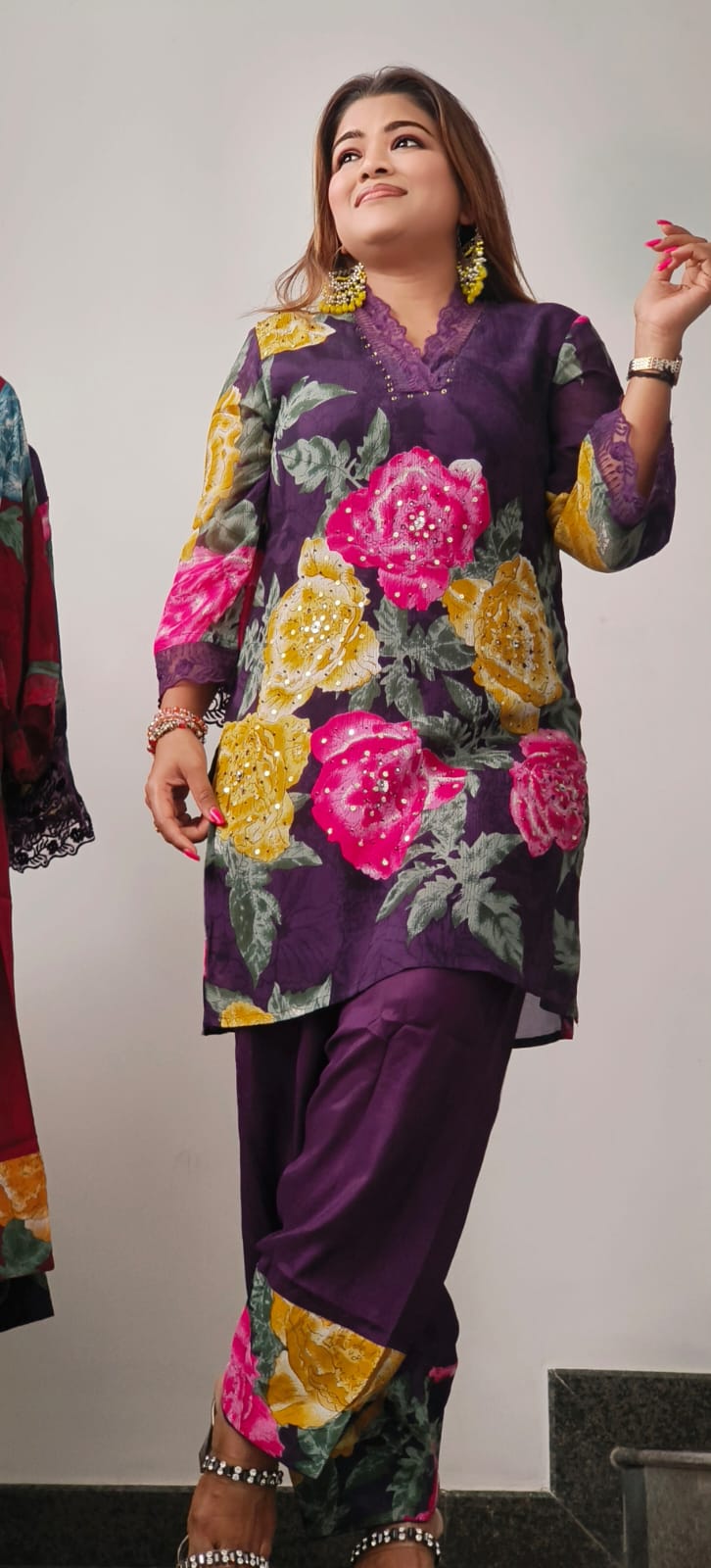 Floral Patched Work With Minimal Crosia Work Kurta With Farsi Pant Set In Chinon Fabric- 10878
