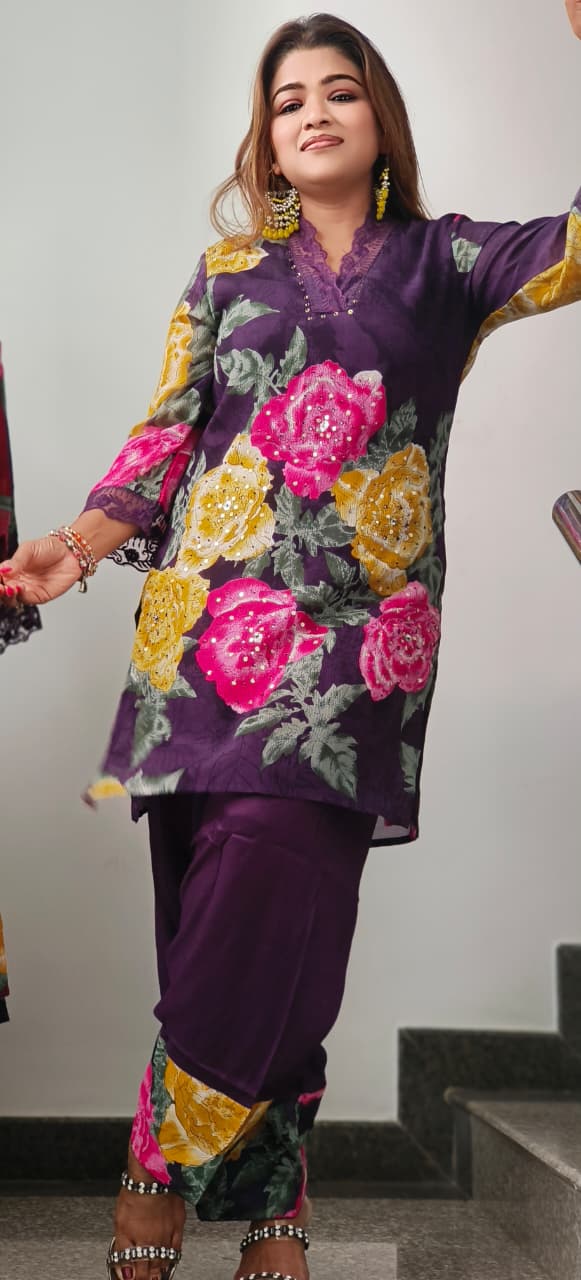 Floral Patched Work With Minimal Crosia Work Kurta With Farsi Pant Set In Chinon Fabric- 10878