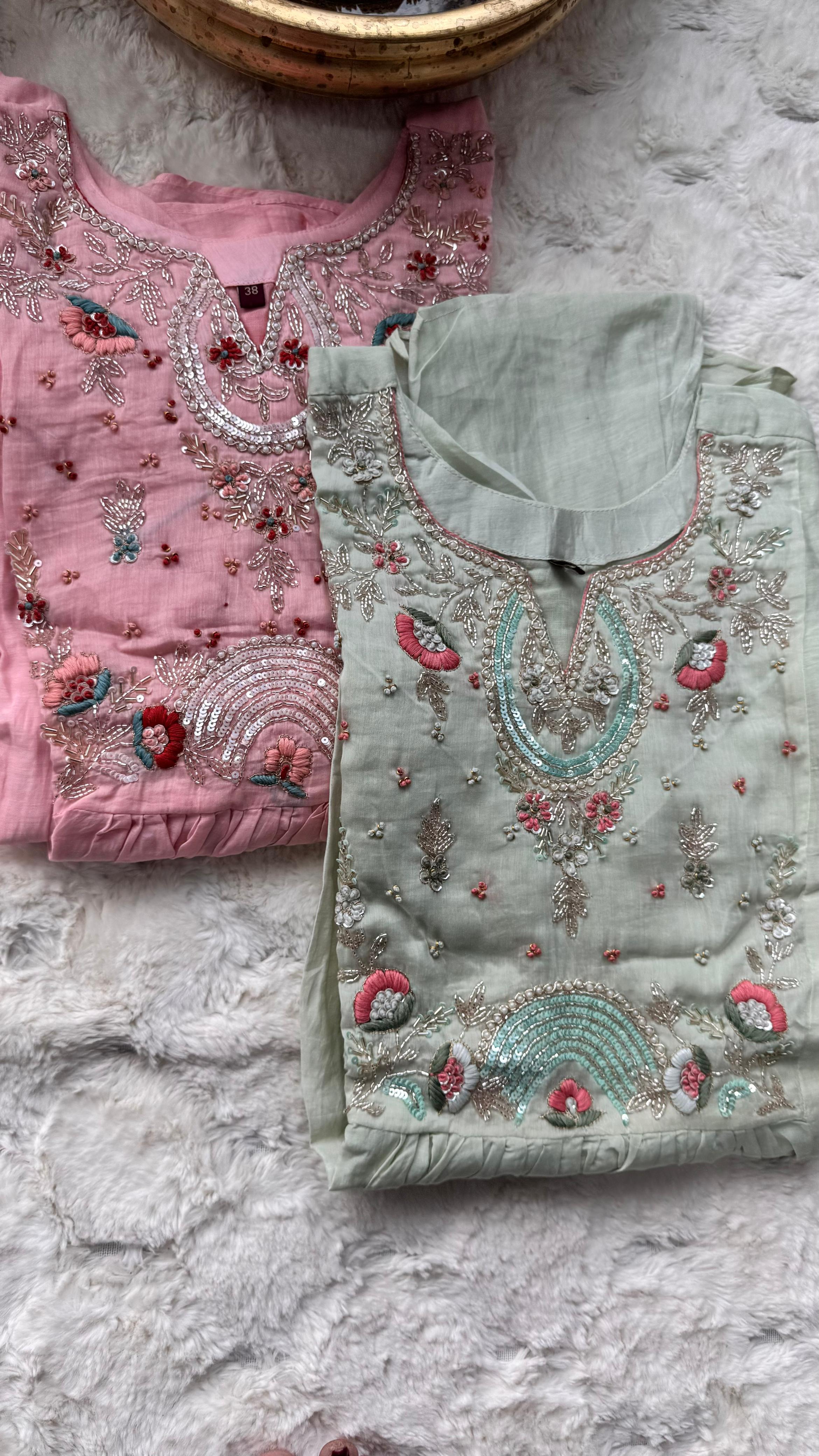 Beautiful Zardosi Handwork A-Line Full Suit Set With Dupatta In Surat Mul Chanderi- 10746 10745