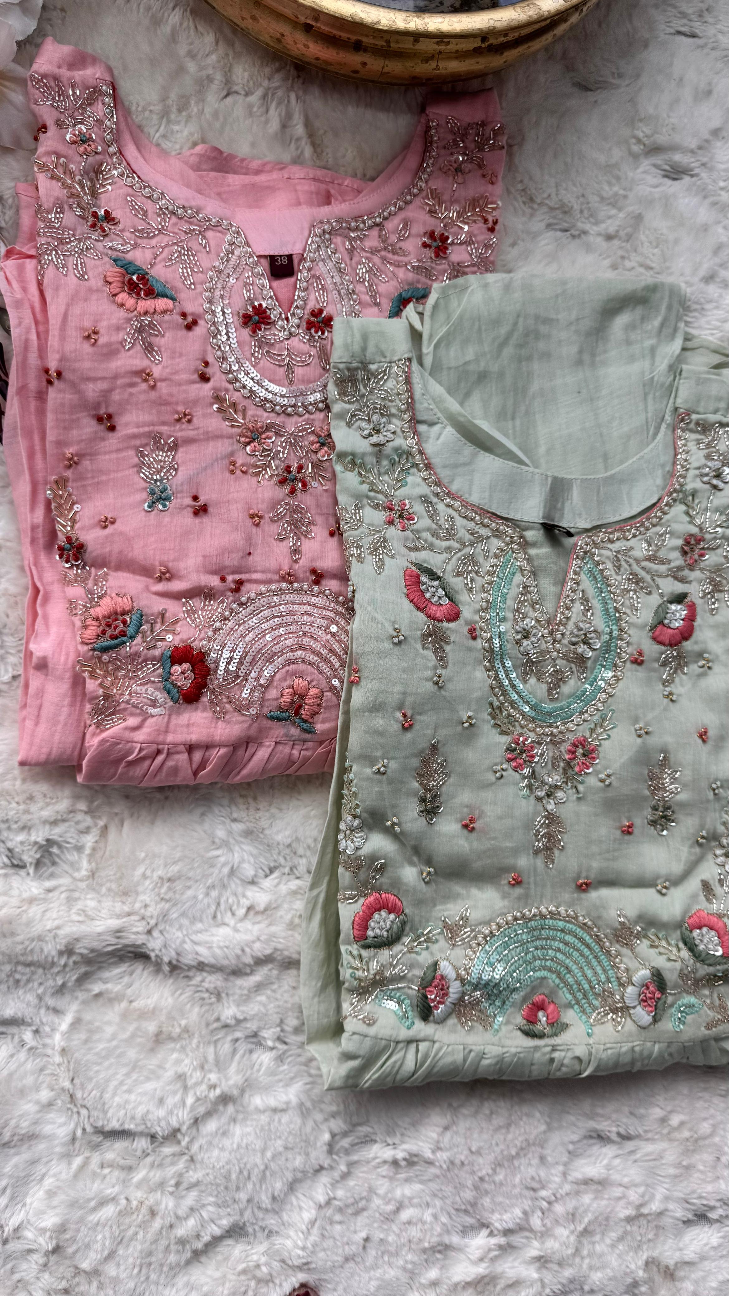 Beautiful Zardosi Handwork A-Line Full Suit Set With Dupatta In Surat Mul Chanderi- 10746 10745