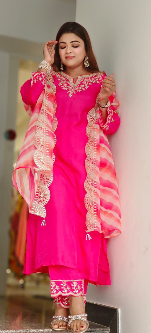 Elegant Look Zardosi Full Suit Set With Leheriya Dupatta In Russian Silk Fabric-10841
