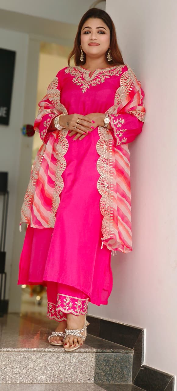 Elegant Look Zardosi Full Suit Set With Leheriya Dupatta In Russian Silk Fabric-10841