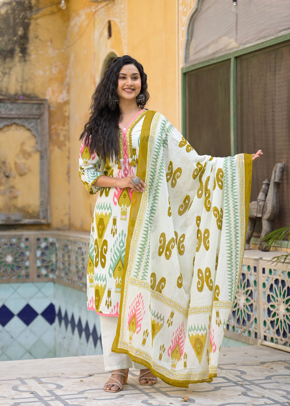 Ikkat Elegance With Tri-Color Lace Work Full Suit Set With Dupatta In Cotton Fabric- 10535