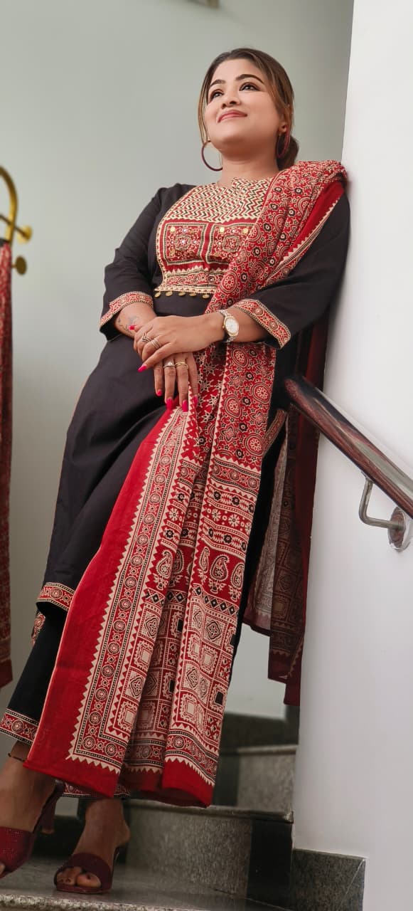 Zig-Zag Yoke Colorful Full Suit Set With Dupatta In Cotton Fabric- 10971, 10972, 10973