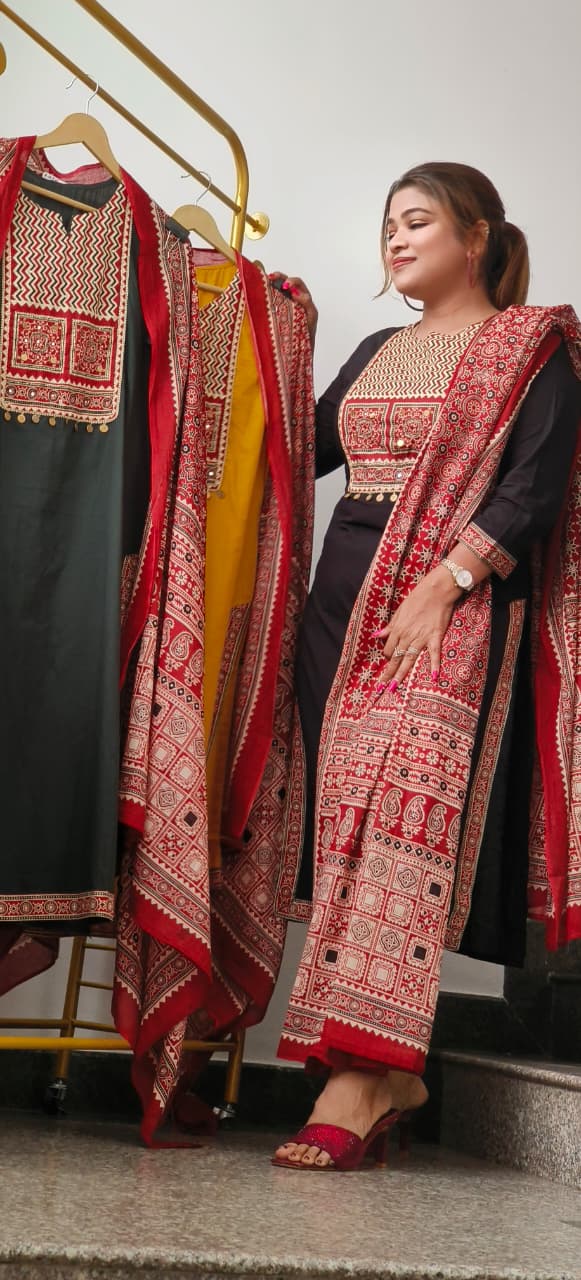 Zig-Zag Yoke Colorful Full Suit Set With Dupatta In Cotton Fabric- 10971, 10972, 10973