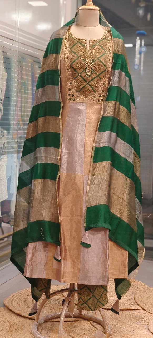 Zardosi Embroidery Golden Shimmer Anarkali Full Suit With Striped Dual Tone Dupatta In Pure Tissue Fabric With Brocade Bottom (Dispatching After 30 Days On Orders)