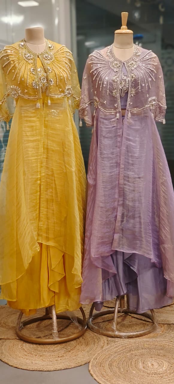 Shimmer Tissue Stylish Radiant Pearl Elegance Indo-Western Wear With Buster Drape Skirt & Cape In Tissue Fabric- 011103,011104,011105